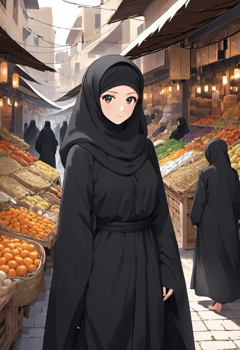 Craft a visually striking anime-style artwork featuring a detailed close-up of a 24-year-old woman wearing a black Abaya and Khimar Hijab. Surrounding her, a bustling souk comes alive with the hustle and bustle of shoppers and traders, symbolizing the vibrancy and energy of Islamic markets, while the woman's modest attire exudes an air of elegance and sophistication.