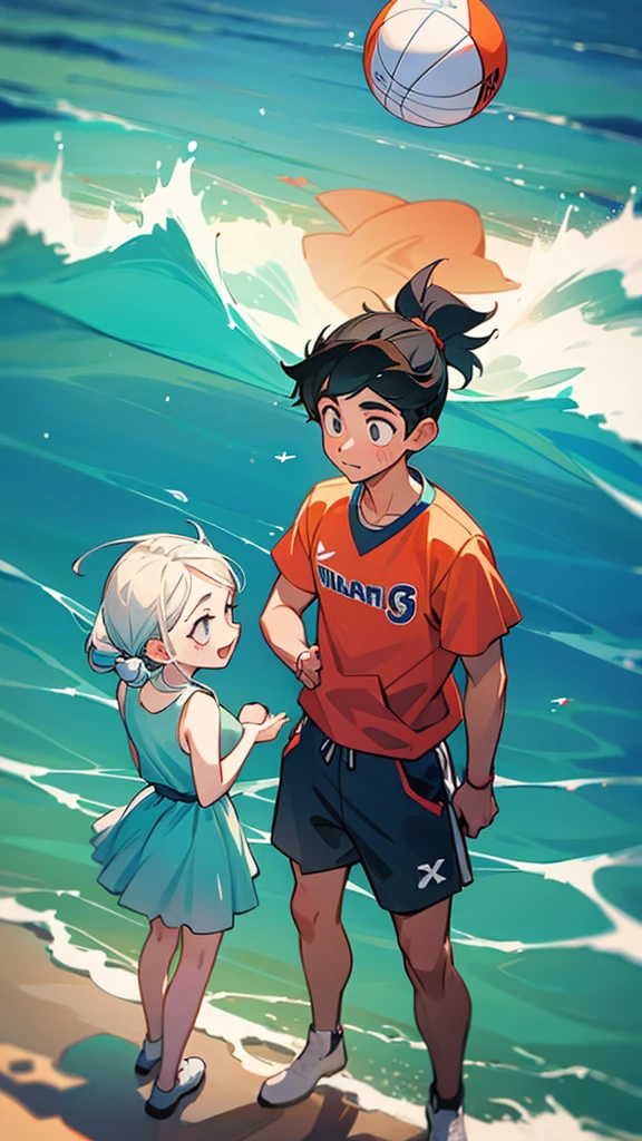 A girl and a guy play ball in the sea