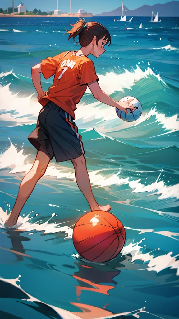 A girl and a guy play ball in the sea