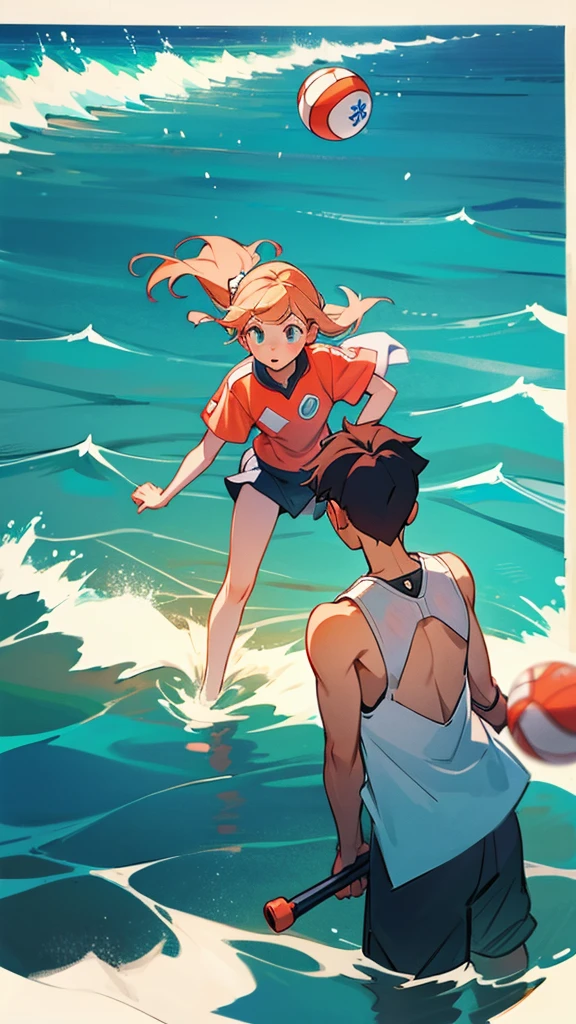 A girl and a guy play ball in the sea