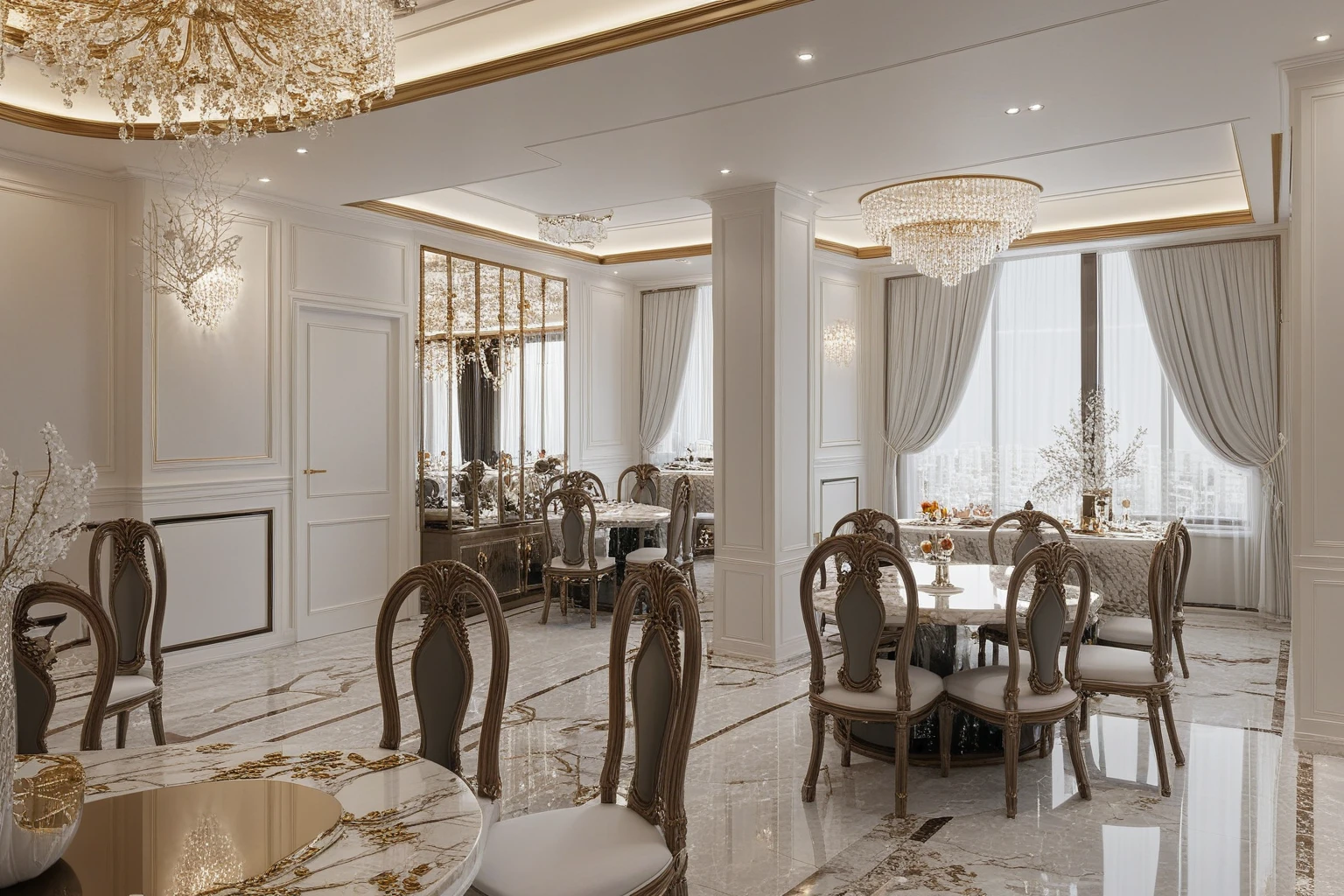 ,Masterpiece, Best quality,8K, Ultra-high resolution,When you step into the dinning room of restaurant room,Immediately surrounded by a rich atmosphere of luxury. The space  was covered with a soft white fluffy blanket,It is so comfortable,So much so that you can't help but indulge in it。Embellished with precious porcelain and white-off gold ornaments。Whenever it is late afternoon,The afterglow from the window spilled on the floor,Soft light and shadow are reflected,It was as if entering a dreamland. ((Wooden chair and table : 1.3)), ((COLUMN MIRROR : 1.3))