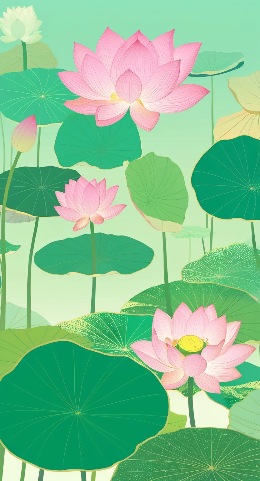 The poster is mainly pink,In the quiet wonderland,The breeze blows the green lotus leaves, The lotus is like a beautiful woman's smile,Glittering in the morning dew。The ancient pavilion is hidden among the hazy smoke and lush trees.,Like a beautiful woman wearing a light veil,Shy and waiting to bloom。The blue waves gently embrace the beautiful figure of Caiting,Bridge corridor,Like a poet humming, The drizzle falls on this quiet lake,Ripples,Like notes jumping on strings,Play a natural。Birds flying over the water,Leaving behind distant songs,All things grow in this peaceful and tranquil place,Only time flows slowly in silence,Freeze this moment of tranquility forever。 In this dream world,The fragrance of flowers,Heart changes with the scene,Every detail weaves a silent love song, Enjoy the lotus flowers and brew tea,Listen to the wind and talk about the past,Let the tranquility of paradise penetrate your heart,In this world outside the clock,Posthumous,With poetry。4k,Ultra HD