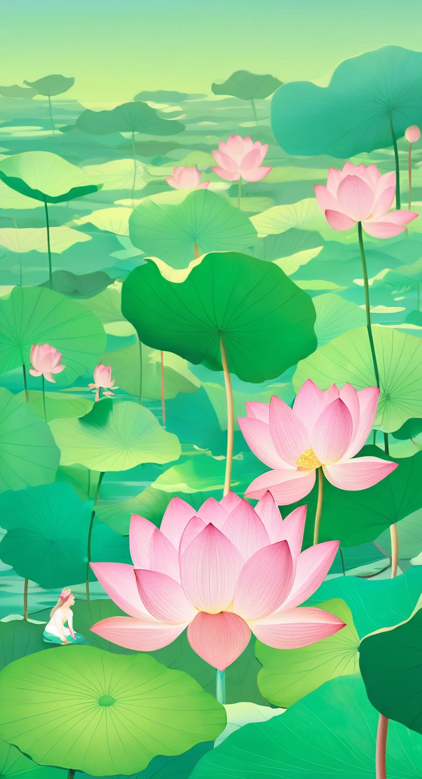 The poster is mainly pink,In the quiet wonderland,The breeze blows the green lotus leaves, The lotus is like a beautiful woman's smile,Glittering in the morning dew。The ancient pavilion is hidden among the hazy smoke and lush trees.,Like a beautiful woman wearing a light veil,Shy and waiting to bloom。The blue waves gently embrace the beautiful figure of Caiting,Bridge corridor,Like a poet humming, The drizzle falls on this quiet lake,Ripples,Like notes jumping on strings,Play a natural。Birds flying over the water,Leaving behind distant songs,All things grow in this peaceful and tranquil place,Only time flows slowly in silence,Freeze this moment of tranquility forever。 In this dream world,The fragrance of flowers,Heart changes with the scene,Every detail weaves a silent love song, Enjoy the lotus flowers and brew tea,Listen to the wind and talk about the past,Let the tranquility of paradise penetrate your heart,In this world outside the clock,Posthumous,With poetry。4k,Ultra HD