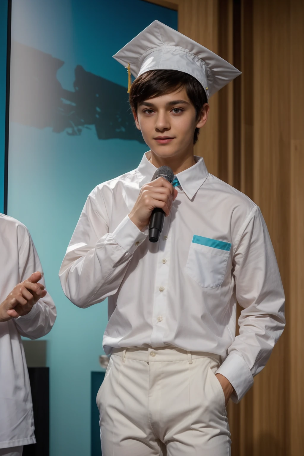 A cute, beautiful, black-haired male twink guy wearing a fancy white long-sleeved shirt and aqua blue pants. He is in his graduation speech, speaking while looking proud.