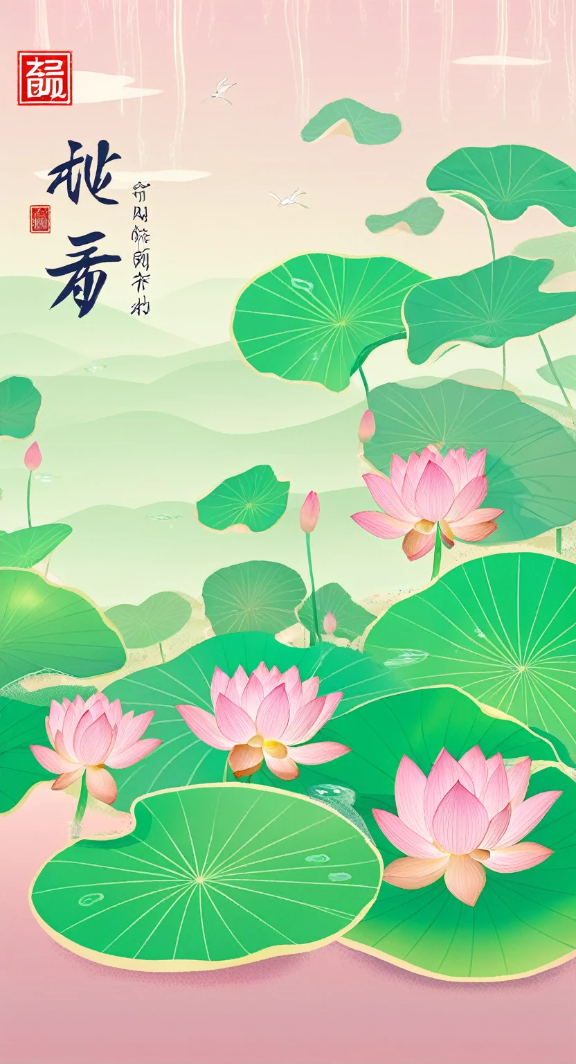 The poster is mainly pink，In the quiet wonderland，The breeze blows the green lotus leaves， The lotus is like a beautiful woman&#39;s smile，Glittering in the morning dew。The ancient pavilion is hidden among the hazy smoke and lush trees.，Like a beautiful woman wearing a light veil，Shy and waiting to bloom。The blue waves gently embrace the beautiful figure of Caiting，Bridge corridor，Like a poet humming， The drizzle falls on this quiet lake，Ripples，Like notes jumping on strings，Play a natural。Birds flying over the water，Leaving behind distant songs，All things grow in this peaceful and tranquil place，Only time flows slowly in silence,Freeze this moment of tranquility forever。 In this dream world，The fragrance of flowers，Heart changes with the scene，Every detail weaves a silent love song， Enjoy the lotus flowers and brew tea，Listen to the wind and talk about the past，Let the tranquility of paradise penetrate your heart，In this world outside the clock，Posthumous，With poetry。4k，Ultra HD