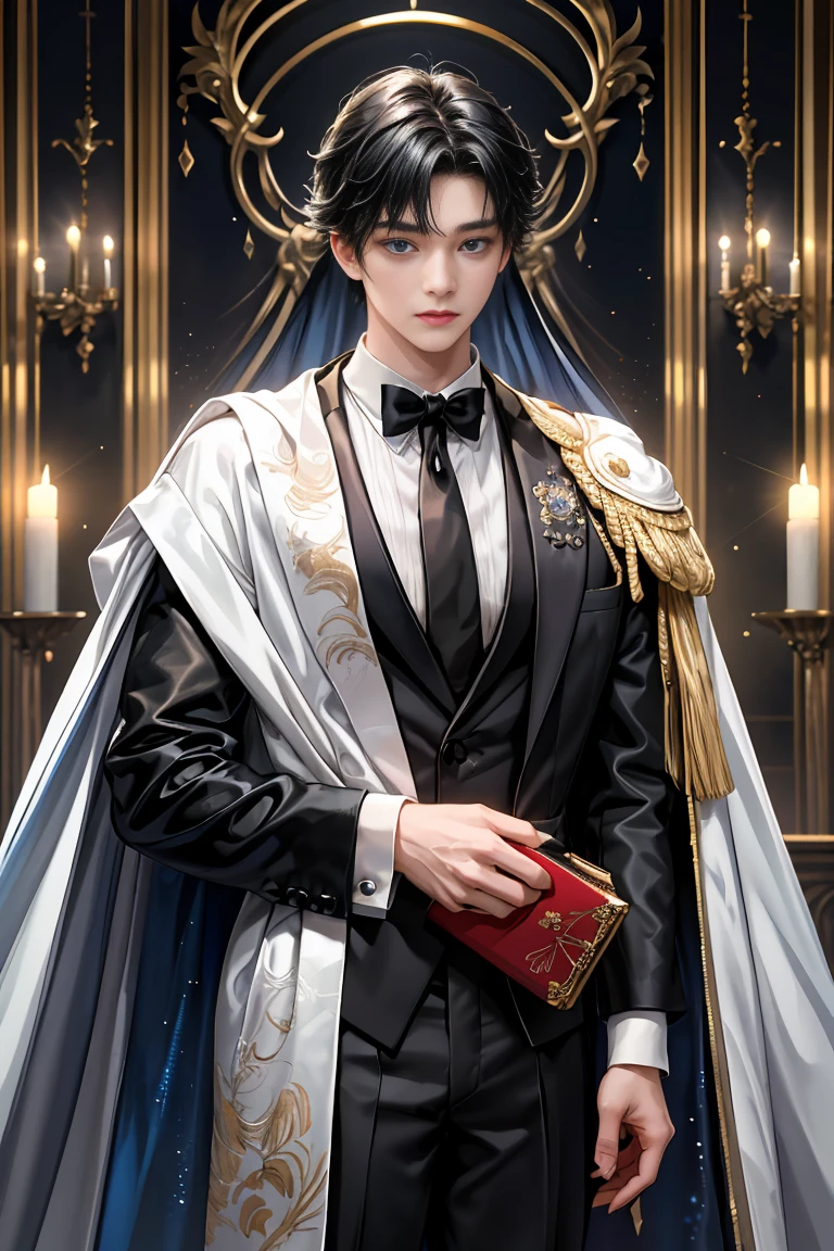 masterpiece、最high quality、high quality、1 boy、One person、Male Focus、Gazing at the audience、Messy black hair、Adorable big blue eyes、White people、noble、noble、Sexy voluminous cape、tuxedo、Very voluminous、big、非常にbig、非常にbig、long、long赤と黒のケープ、High stand-up collar、Reach the floor、Made from a variety of fabrics。、cute美しい男の子、cute、cute、kind、a handsome guy