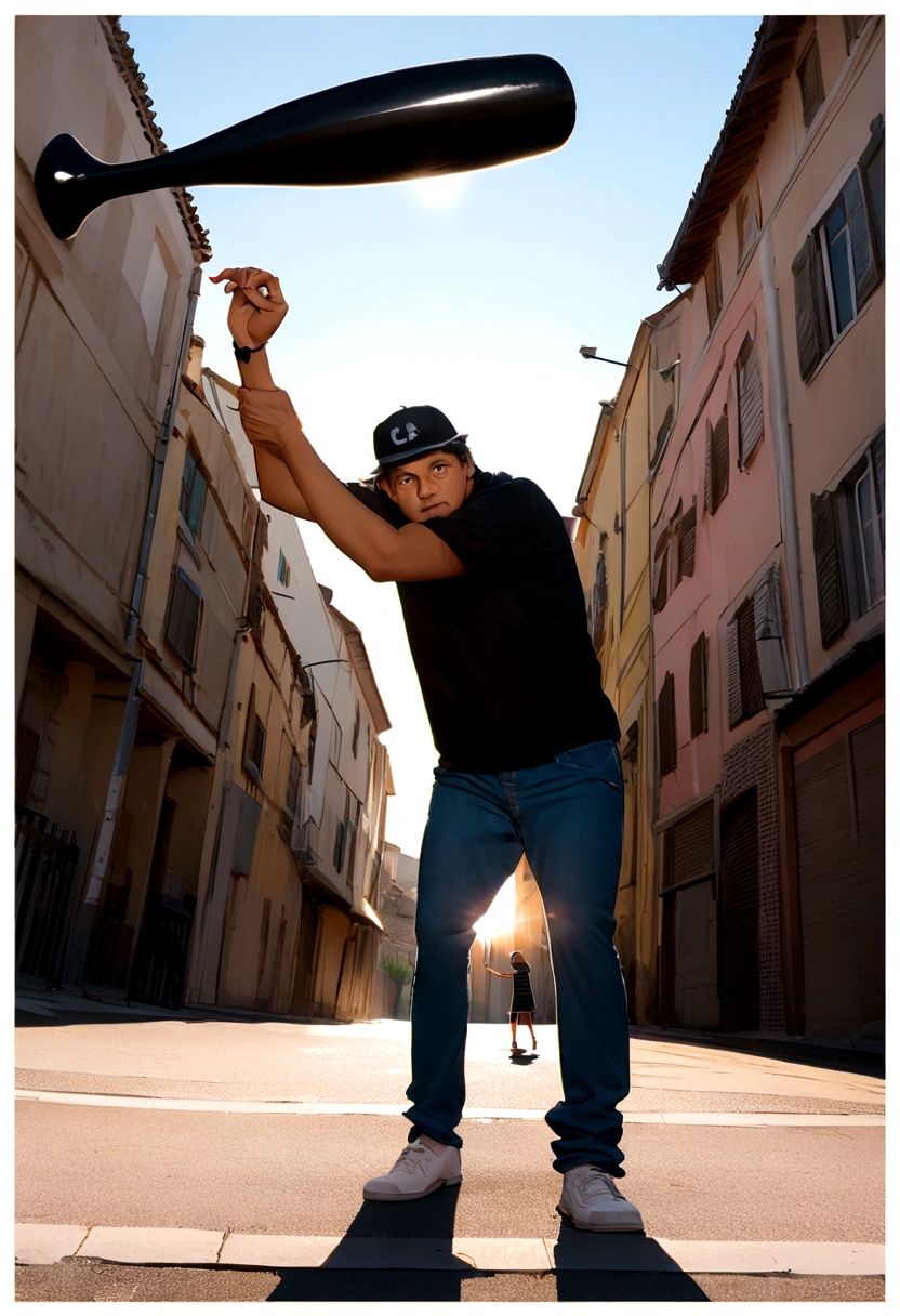 there is a man holding a bat and ball on the ground, casual photography, very cool pose, holding a baseball bat!!, really cool pose, photo taken with canon 5d, shooting pose, cool pose, very artistic pose, taken with a canon eos 5d, taken with a canon eos 5 d, taken with sony alpha 9, extreme low angle long shot animate it