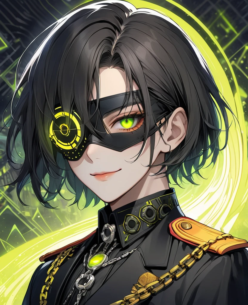 (Digital Illustration，Detailed anime style，Heavy Metal Cyberpunk，Pearl tassel eye mask，Portrait of short-haired boy wearing mask eye patch，Solitary，symmetry)，(Big colorful eyes，Fashionable and exquisite facial features，Exquisite makeup，Smooth skin，Smile，Soulful gaze，)，(Black suit，Epaulettes-Chain，cool，)，(((Correct human anatomy)))，，out a hand：1.37.(((Radioactive geometric dynamic light wave background)))