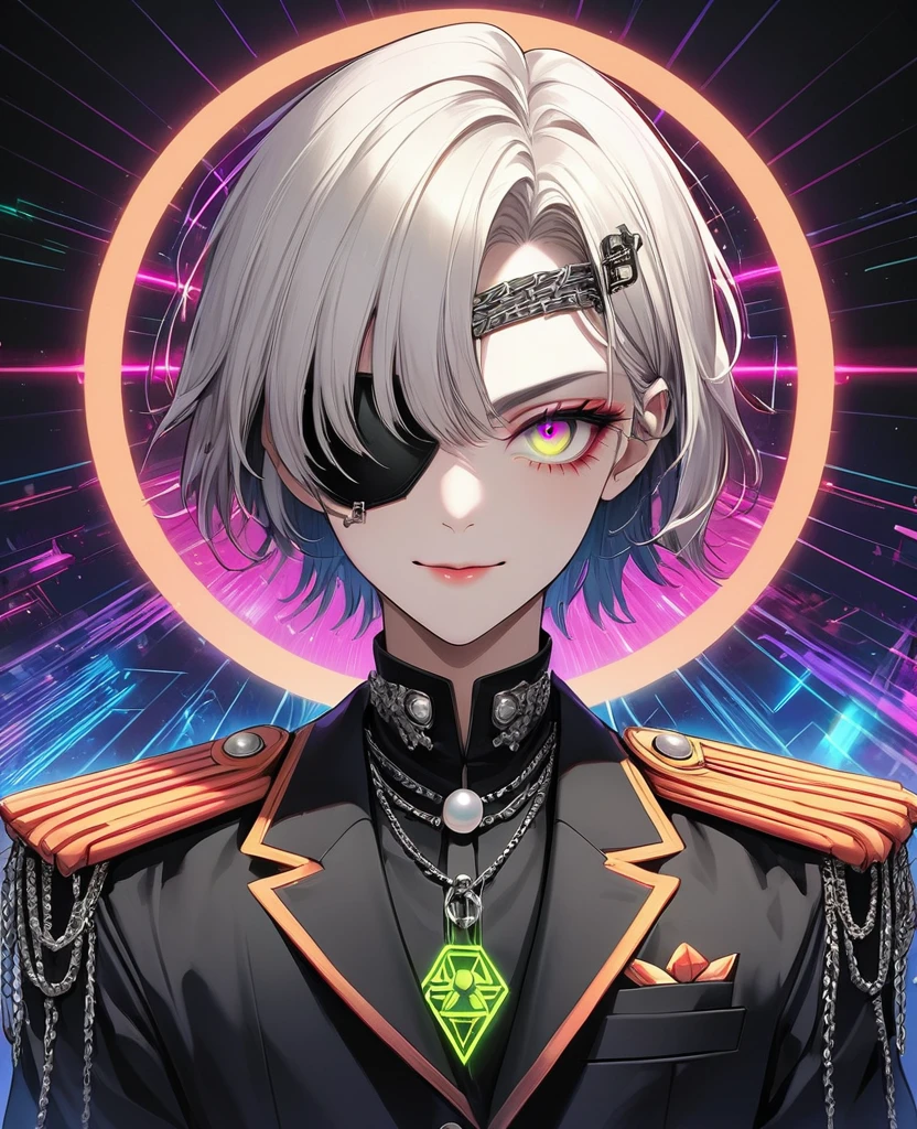 (Digital Illustration，Detailed anime style，Heavy Metal Cyberpunk，Pearl tassel eye mask，Portrait of short-haired boy wearing mask eye patch，Solitary，symmetry)，(Big colorful eyes，Fashionable and exquisite facial features，Exquisite makeup，Smooth skin，Smile，Soulful gaze，)，(Black suit，Epaulettes-Chain，cool，)，(((Correct human anatomy)))，，out a hand：1.37.(((Radioactive geometric dynamic light wave background)))