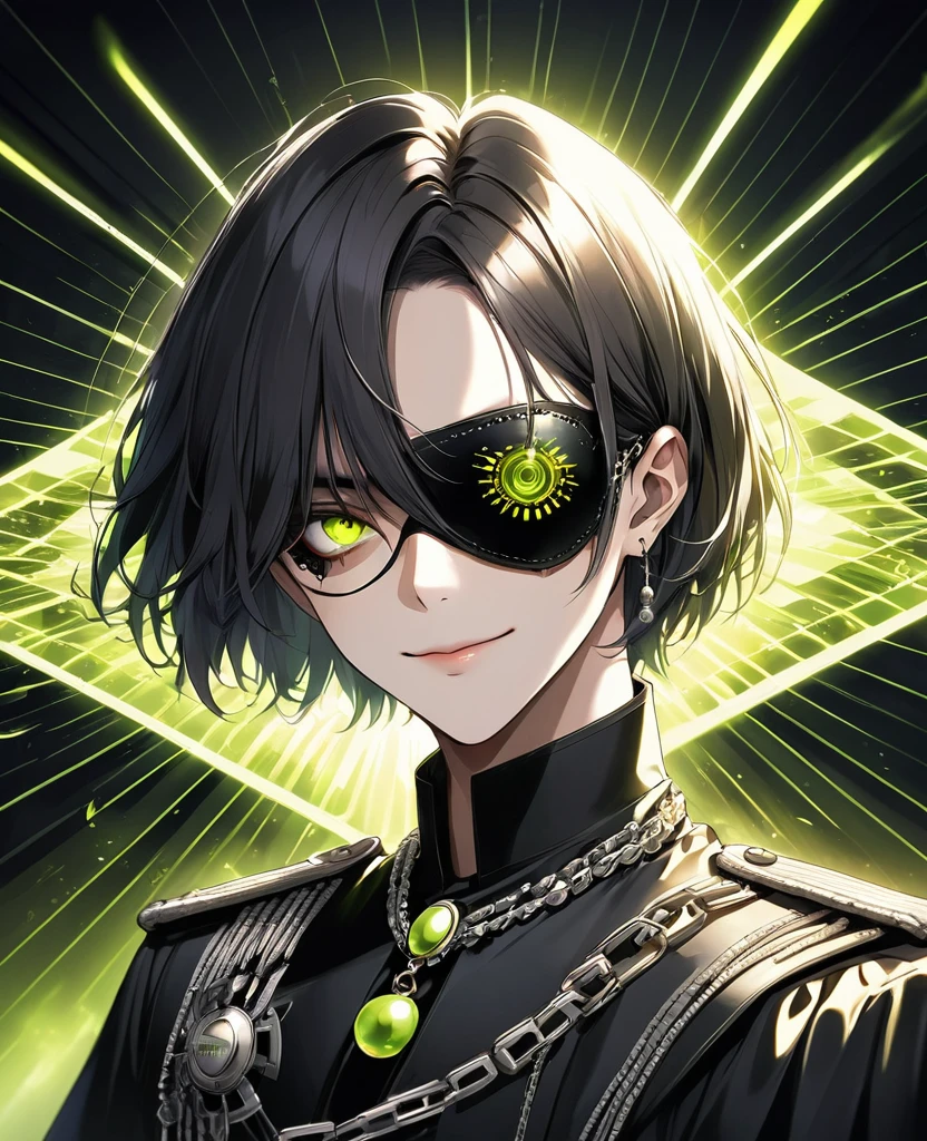 (Digital Illustration,Detailed anime style,Heavy Metal Cyberpunk,Pearl tassel eye mask,Portrait of short-haired boy wearing mask eye patch,Solitary,symmetry),(Big colorful eyes,Fashionable and exquisite facial features,Exquisite makeup,Smooth skin,Smile,Soulful gaze,),(Black suit,Epaulettes-Chain,cool,),(((Correct human anatomy))),,out a hand:1.37.(((Radioactive geometric dynamic light wave background)))