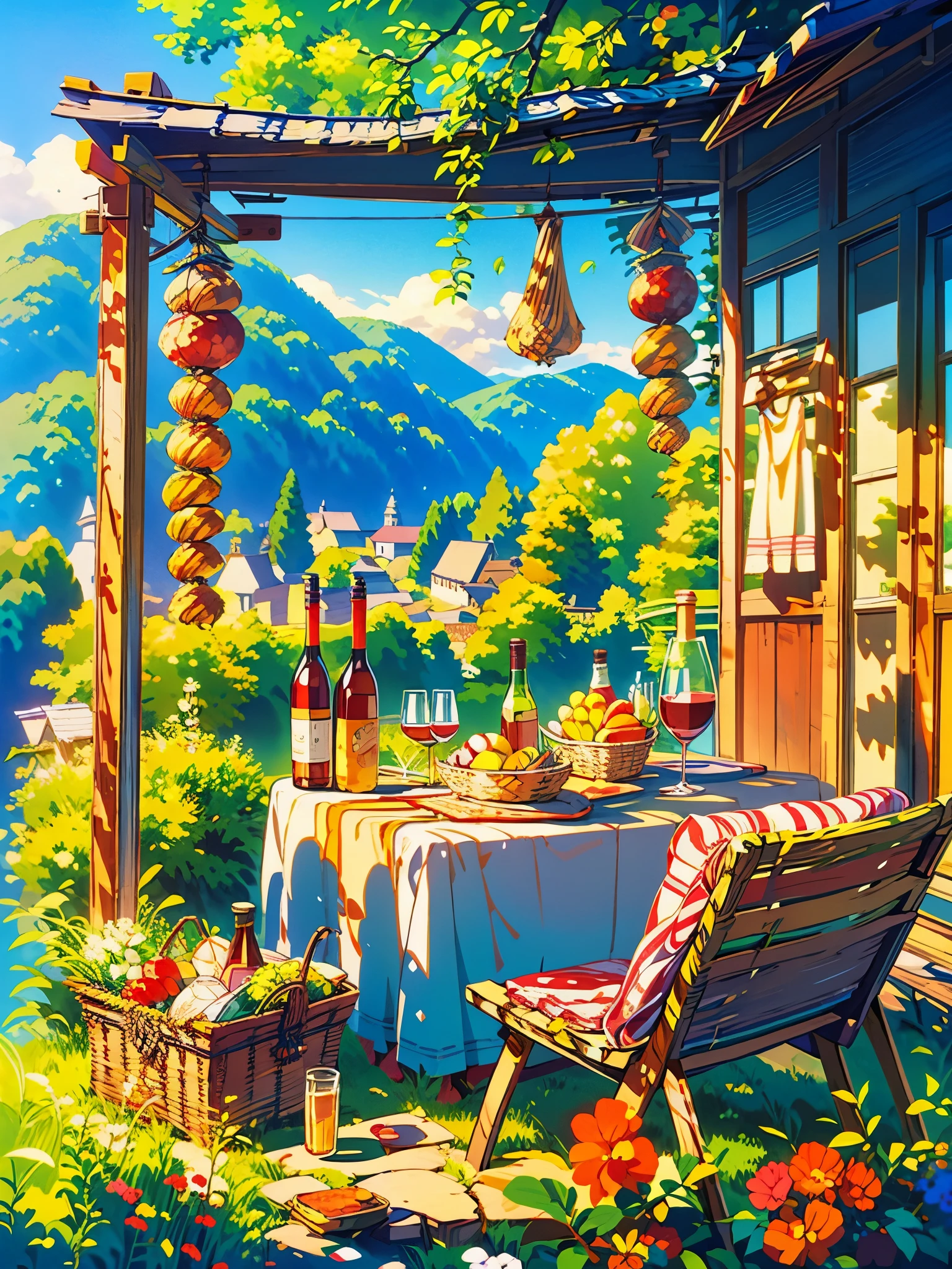 
painting of a picnic table with a bottle of wine and a basket of fruit, by Igor Grabar, still life painting, by Mikhail Lebedev, stylized digital illustration, by Alexander Deyneka, by Alexander Kucharsky, an idyllic vineyard, by Franz Hegi, digital artwork, by Dechko Uzunov