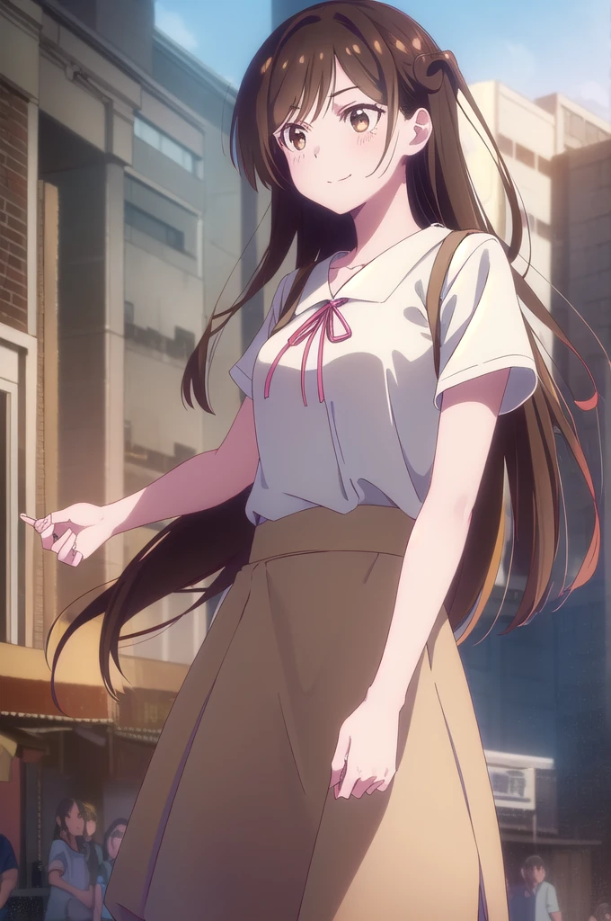 mizuharachizuru, Chizuru Ichinose, Long Hair, bangs, Brown Hair, (Brown eyes:1.5), One side up, smile,
break skirt, shirt, Short sleeve, Puffy sleeves, puffy Short sleeve, White Skirt, pink shirt,
break outdoors, city, cityscape, crowd, people々,
break looking at viewer, (Cowboy Shot:1.5),
break (masterpiece:1.2), Highest quality, High resolution, unity 8k wallpaper, (figure:0.8), (Beautiful attention to detail:1.6), Highly detailed face, Perfect lighting, Highly detailed CG, (Perfect hands, Perfect Anatomy),