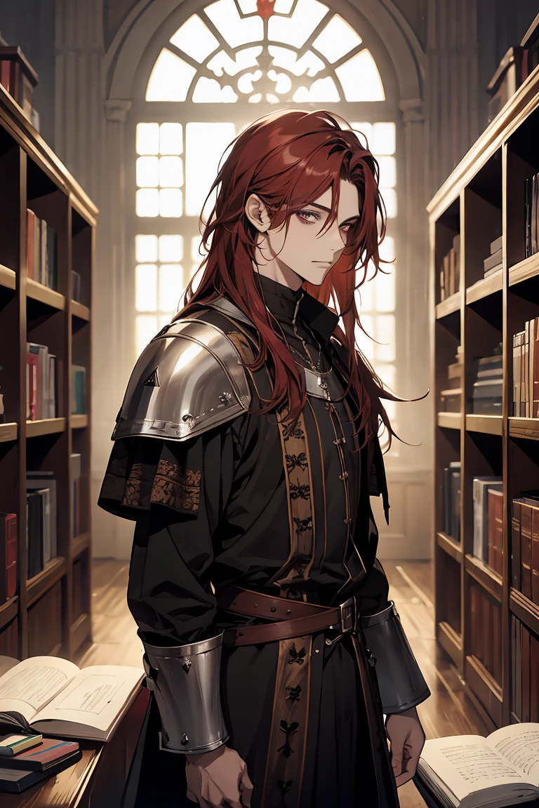 1male, high quality, plano medio.Cabello corto, rojo desordenado con flequillo, ojos celestes, hermoso rostro, hechicero oscuro, mago de la corte, medieval fantasy, condescendiente, con las manos sobre libros antiguos, en un estudio o biblioteca.