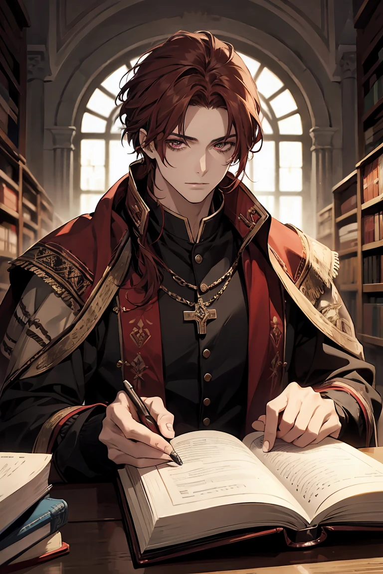 1male, high quality, plano medio.Cabello corto, rojo desordenado con flequillo, ojos celestes, hermoso rostro, hechicero oscuro, mago de la corte, medieval fantasy, condescendiente, con las manos sobre libros antiguos, en un estudio o biblioteca.