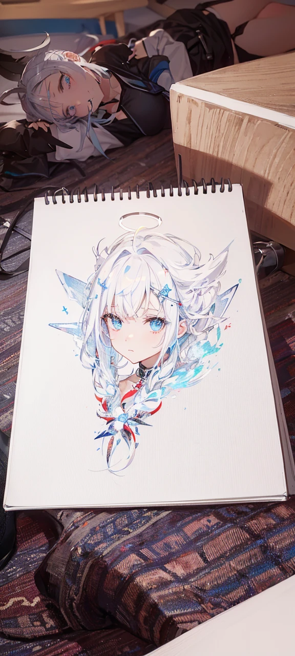 Female. White spiky hair in a low ponytail with blue fading at the end. A white T-shirt with a white X over it and blue fire pattern at the bottom, a black T-shirt below it going up the neck. A belt with an X pattern on it and short jeans with blue fire pattern at the bottom corners. Black boots with a white chain at the tops and a red X at the front. A white horn coming from the right side of the forehead with a small blue flame at the end and a white halo above her head with an X at the front, an X at the back and an X on each end of the halo.