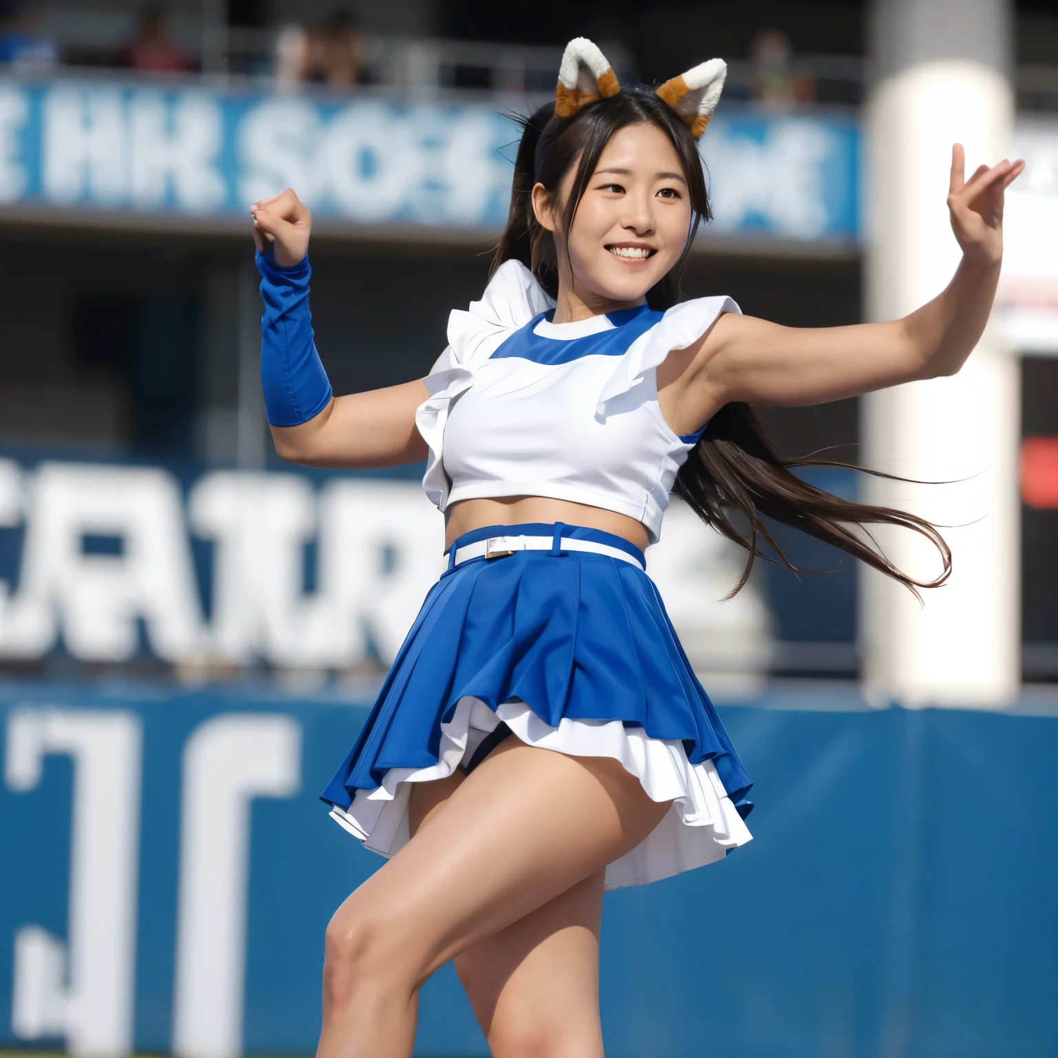(Masami Nagasawa high kick),(white panties),(shoot from below),cheerleader open thighs,
1 girl, solo, cheerleader, perfect hands, open mouth, smile, long hair, blushing, brown hair, ponytail, belt, (fox tail), (fox ears), navel,crop top, blue skirt, pleated skirt, midriff , removable sleeves, elbow gloves, looking at viewer, outdoors, stadium, blurred background,