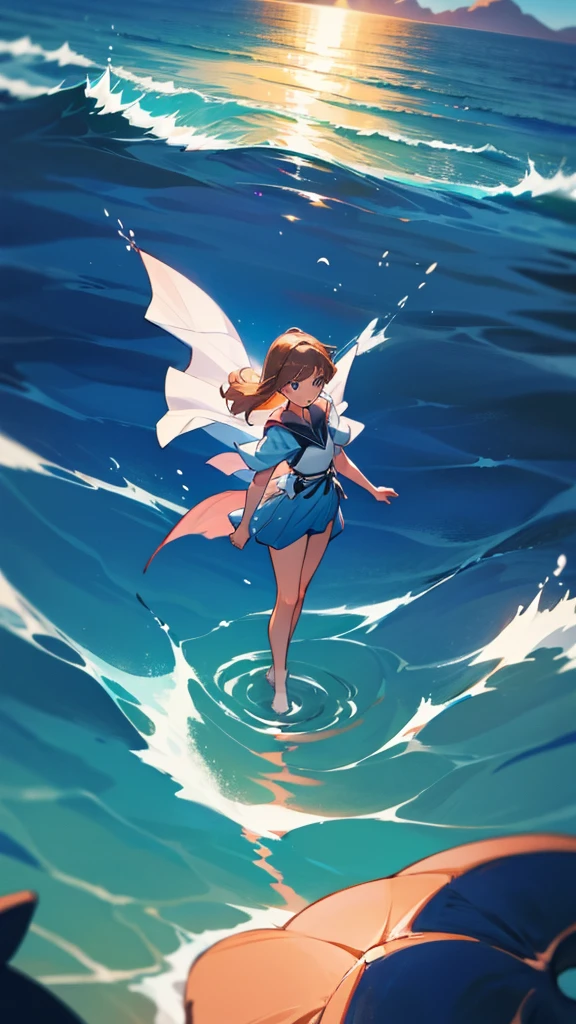 A girl stands in the sea in half a turn