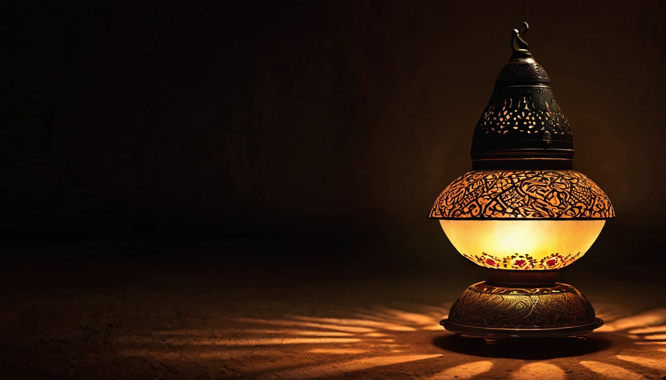 Create a digital artwork of a traditional Indian oil lamp burning brightly in a dark room, casting long shadows. The lamp should be the focal point, with its flame illuminating the surrounding space. The warm, flickering light should cast intricate and elongated shadows on the walls and floor, highlighting the details of the room's traditional decor. Include elements such as antique furniture, ornate patterns, and cultural artifacts to enhance the authenticity and atmosphere of the scene, creating a sense of warmth and tranquility amidst the darkness.