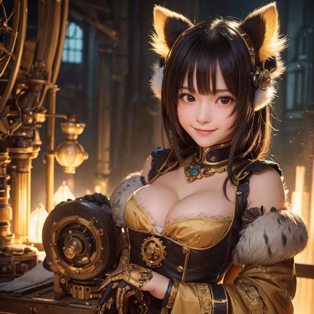 "A cute young automaton girl mechanic with adorable tanuki raccoon ears and an extremely fluffy tail. Her breasts are modestly sized for her age. She's rendered in breathtaking 16K detail, with intricate clockwork mechanisms visible on parts of her  body, adding a charming mechanical flair. She holds a tiny wrench and oversized goggles in her small hands, gazing up at the viewer with a sweet, coy smile.

The background is a cozy workshop filled with larger gears, machinery and tools towering over her, all portrayed photorealistically and in sharp focus. This childlike maiden seems to be silently pleading for the viewer's attention and affection, her innocent demeanor and mechanical enhancements creating an endearing contrast.

Suddenly, she reaches out and wraps her small arms around the viewer's waist, nuzzling her face against their chest in a display of affectionate attachment. Her plump tail sways back and forth, radiating a sense of warmth and intimacy. A joyful, beaming smile graces her features, conveying her pure delight in the viewer's presence."