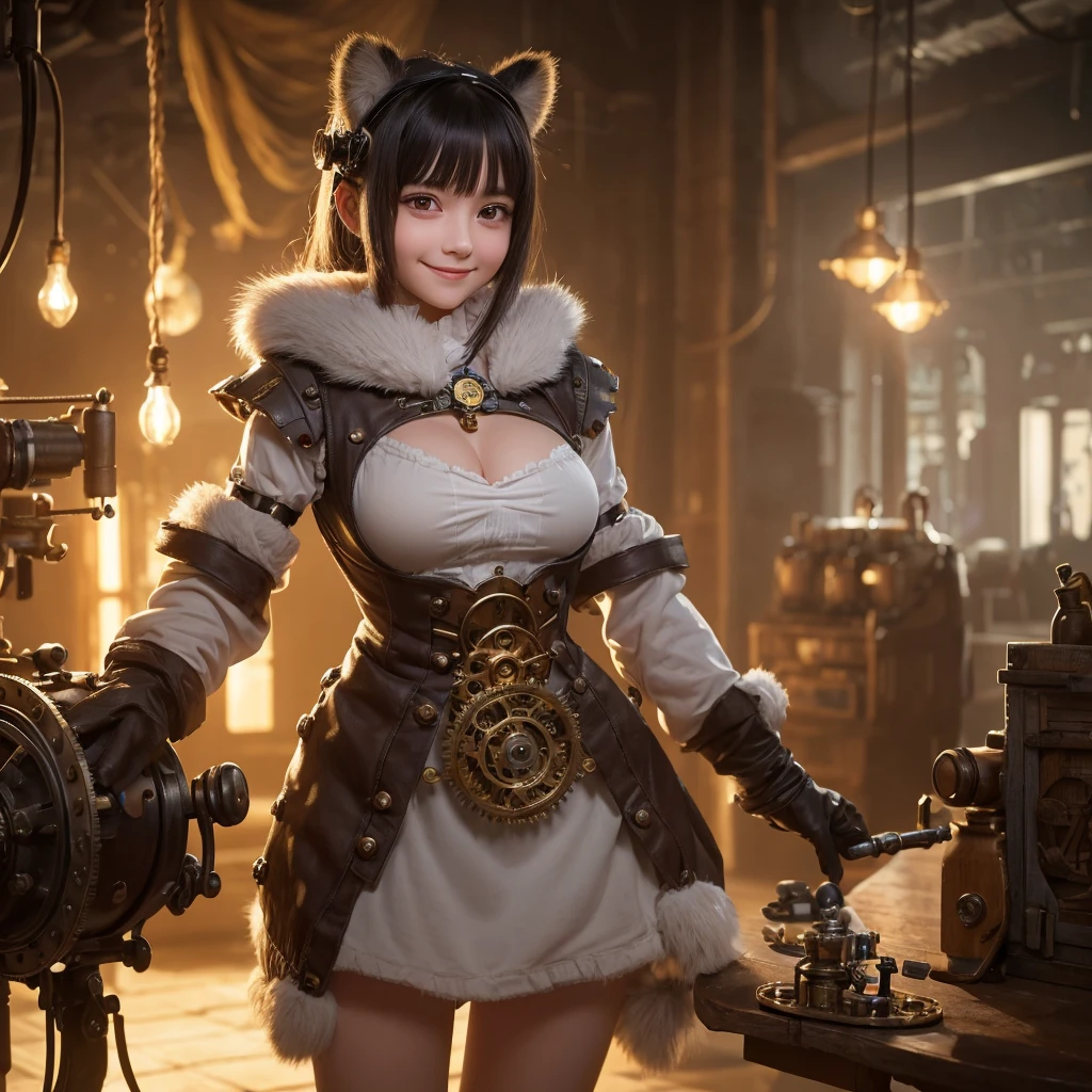 "A cute young automaton girl mechanic with adorable tanuki raccoon ears and an extremely fluffy tail. Her breasts are modestly sized for her age. She's rendered in breathtaking 16K detail, with intricate clockwork mechanisms visible on parts of her body, adding a charming mechanical flair. She holds a tiny wrench and oversized goggles in her small hands, gazing up at the viewer with a sweet, coy smile.
The background is a cozy workshop filled with larger gears, machinery and tools towering over her, all portrayed photorealistically and in sharp focus. This childlike maiden seems to be silently pleading for the viewer's attention and affection, her innocent demeanor and mechanical enhancements creating an endearing contrast.
Suddenly, she reaches out and wraps her small arms around the viewer's waist, nuzzling her face against their chest in a display of affectionate attachment. Her plump tail sways back and forth, radiating a sense of warmth and intimacy. A joyful, beaming smile graces her features, conveying her pure delight in the viewer's presence."