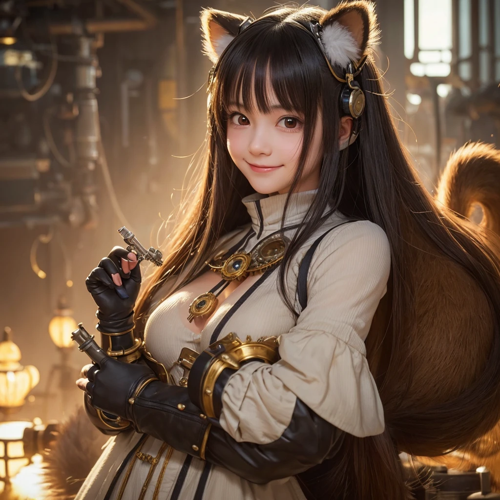 "A cute young automaton girl mechanic with adorable tanuki raccoon ears and an extremely fluffy tail. Her breasts are modestly sized for her age. She's rendered in breathtaking 16K detail, with intricate clockwork mechanisms visible on parts of her body, adding a charming mechanical flair. She holds a tiny wrench and oversized goggles in her small hands. The background is a cozy workshop filled with larger gears, machinery and tools towering over her, all portrayed photorealistically and in sharp focus."