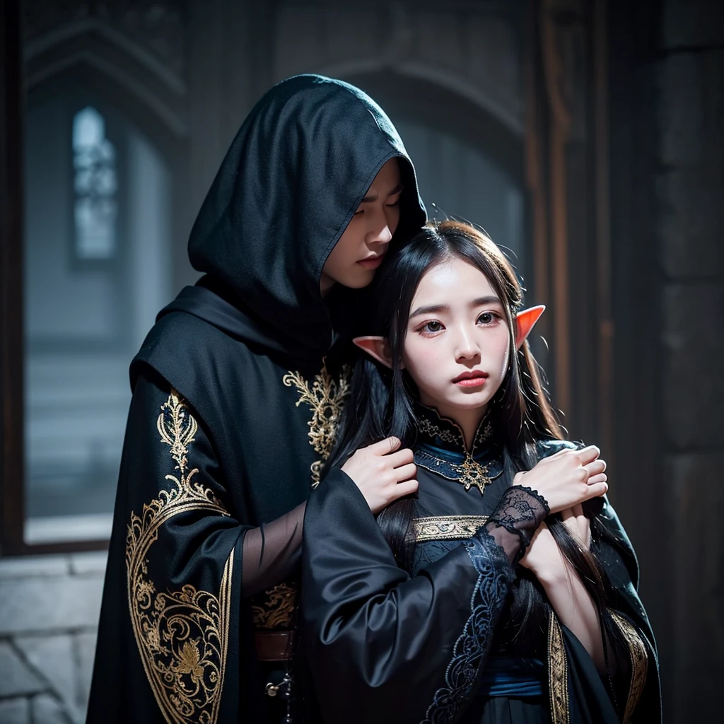 The elf man with a black cloak and golden embroidery is hugging a girl with a black cloak and blue embroidery tightly, and the girl is worried and looking at the face of the elf man.