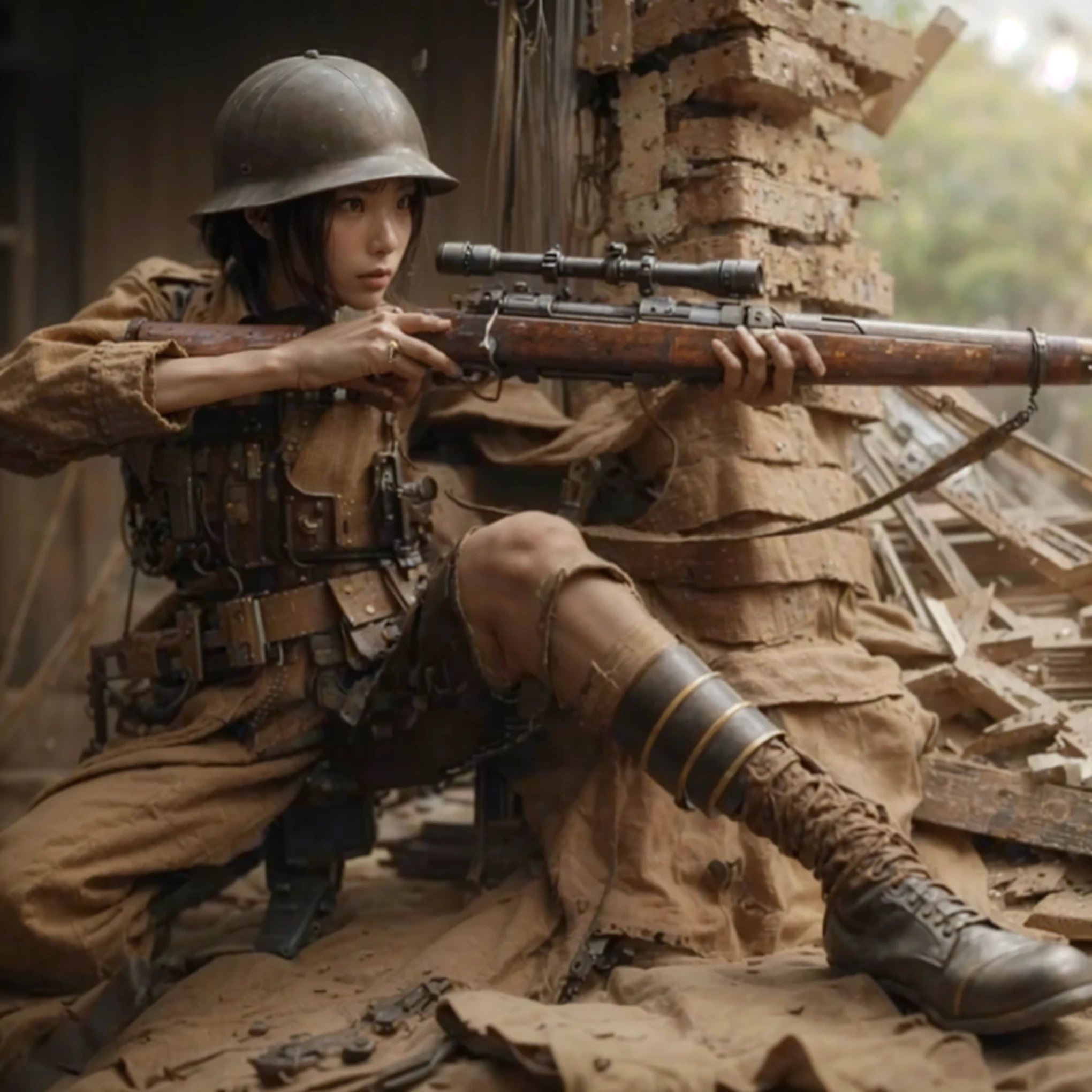 8k,Realistic Photo, Realistic Skin Texture, Superrealism, (Warring States period of Japanese history, approx like mechanical :1.2), burnt field、arquebus,vivid textures,legs, gradation hair, japanese female soldier,(ultra beautiful face),((super realistic all textures)), ((super intricate all details)), full body shot, ultra sharp photo result, metallic color, scratch, Rust, weathering, steampunk, taken with Fuji film X-T30+Nokton. HDR10,Minimum of 4 pieces created
