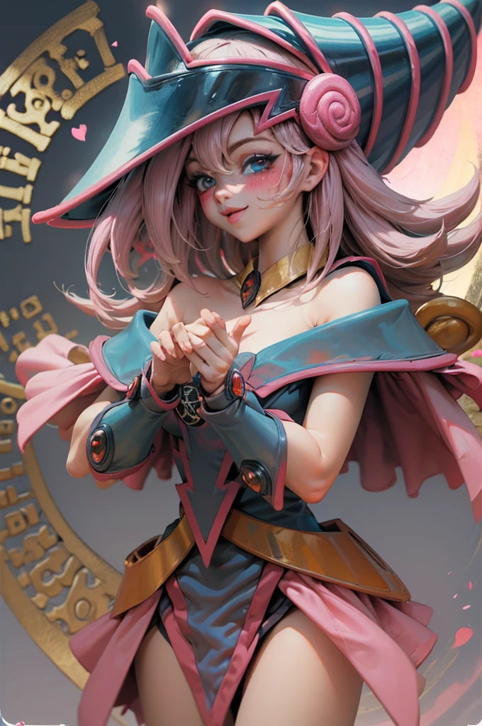 Crea el hermoso rostro de dark magician gils. Ojos azules. Labios rosados. Tes blanca. Cabello rubio. girl smile. Hombros destapados. Collar en el cuello. Rostro de gils mago oscuro. His hands make the sign of peace and love. Paz y amor en sus manos.