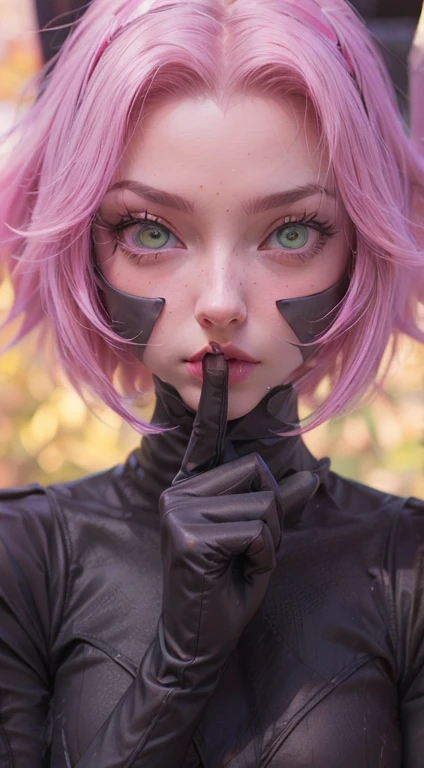 young woman, short shoulder-length pink hair, wide forehead, porcelain skin, pink eyebrows, big emerald green eyes, buttoned nose, full lips, heart-shaped face, slender body, small breasts, red tank top, Sakura Haruno , realistic, realism, details, 3d, well detailed