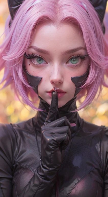 young woman, short shoulder-length pink hair, wide forehead, porcelain skin, pink eyebrows, big emerald green eyes, buttoned nose, full lips, heart-shaped face, slender body, small breasts, red tank top, Sakura Haruno , realistic, realism, details, 3d, well detailed
