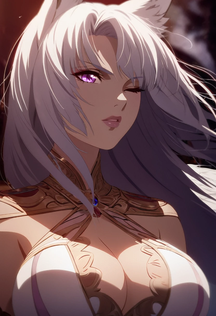 a beautiful white kitsune, big breasts, slim wais detailed portrait, intricate details, chiaroscuro lighting, dramatic lighting, mystical, elegant, sensual, long white tail, highres, realistic, photorealistic, anime style, la punta de su cola seria negra, The right eye would be red and the left eye would be purple.