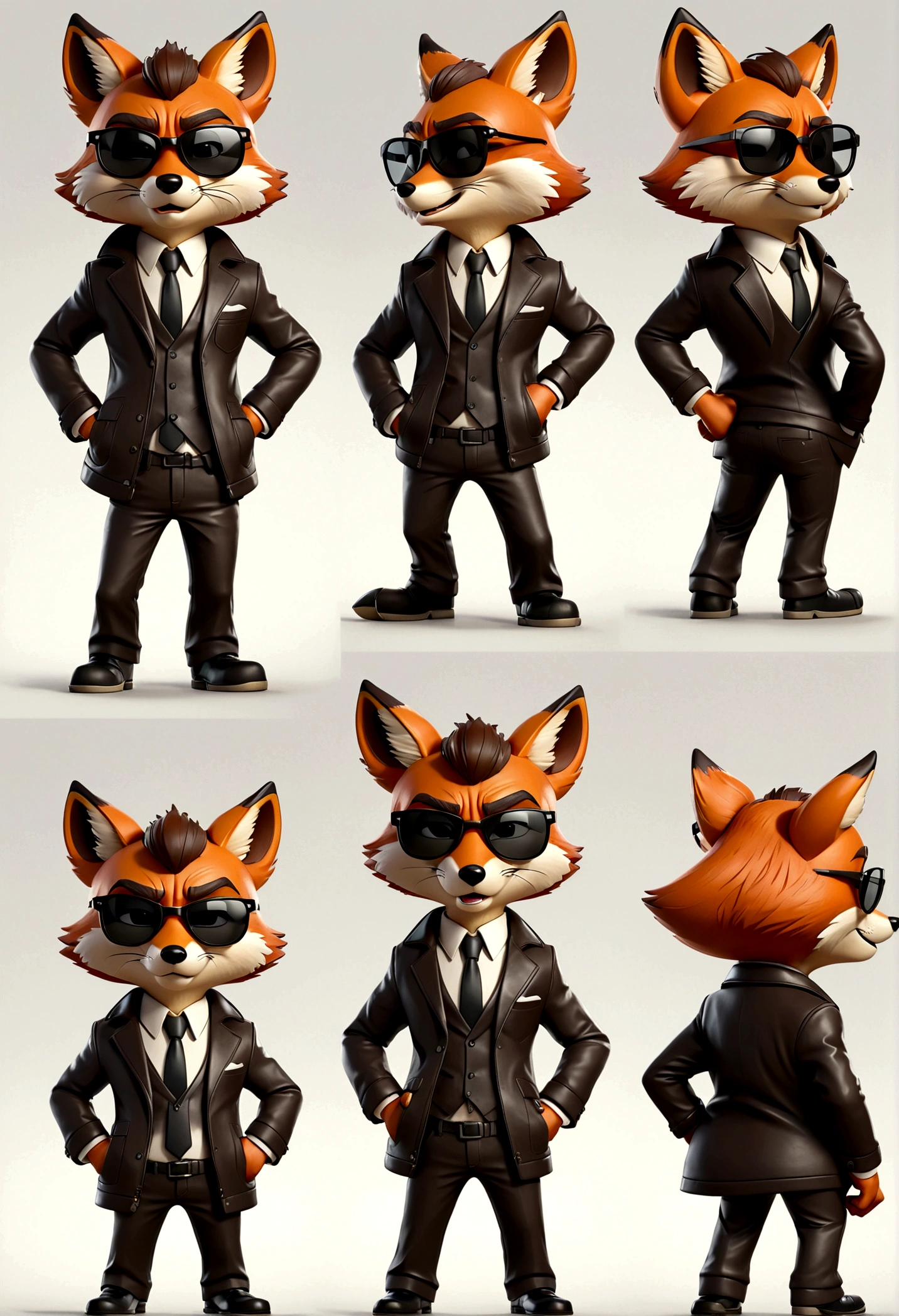 fox dressed in a suit and glasses standing with his hands in his pockets, cartoon fox character, leather jacket, mafia, multiple poses and expressions, 4 poses, cool face, full body, simple, artist, full color, 3d model, light and shadow, suit clothes, boss, flat color, white background, black sunglasses, short people