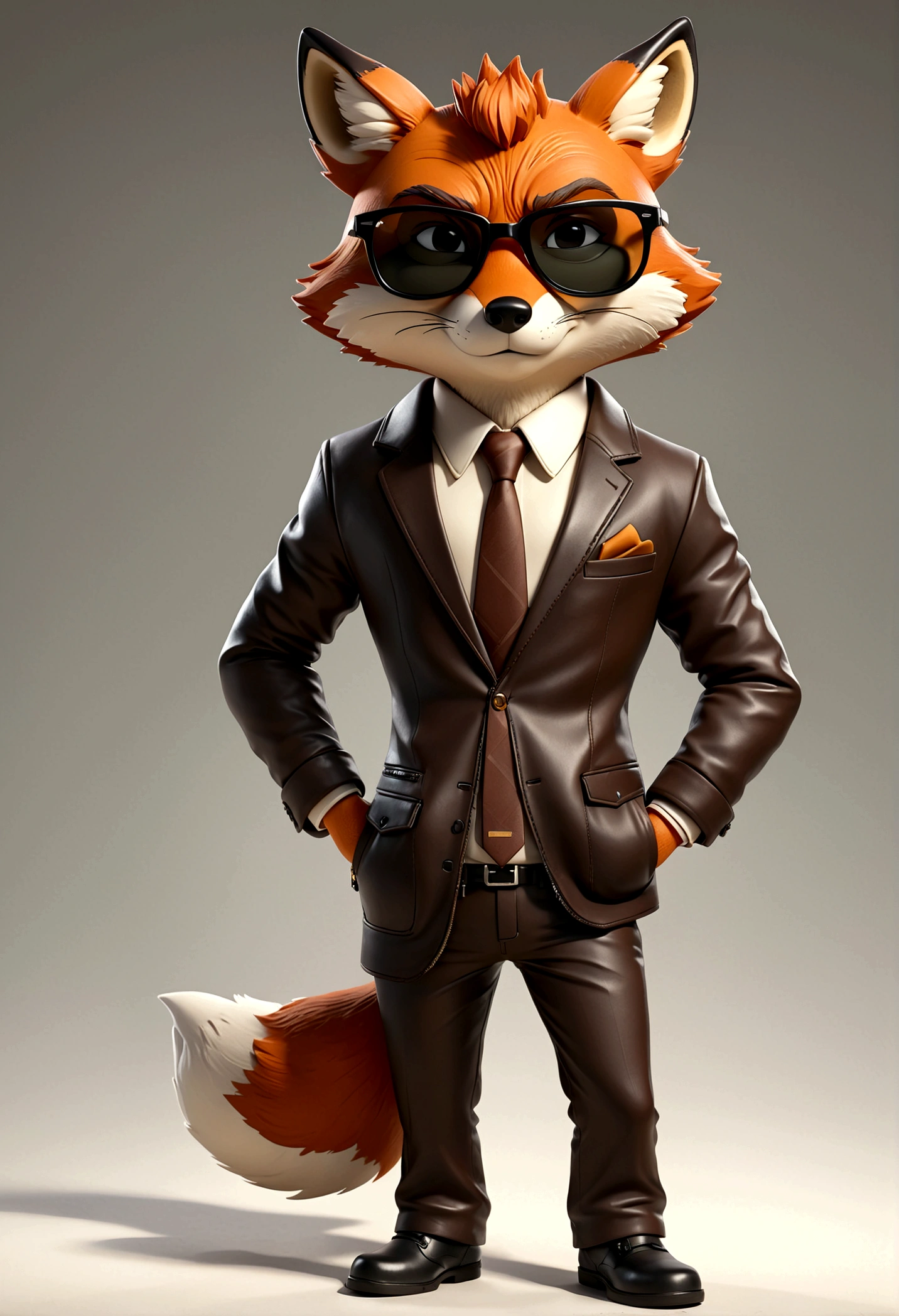 fox dressed in a suit and glasses standing with his hands in his pockets, cartoon fox character, leather jacket, mafia, multiple poses and expressions, 4 poses, cool face, full body, simple, artist, full color, 3d model, light and shadow, suit clothes, boss, flat color, white background, black sunglasses, short people