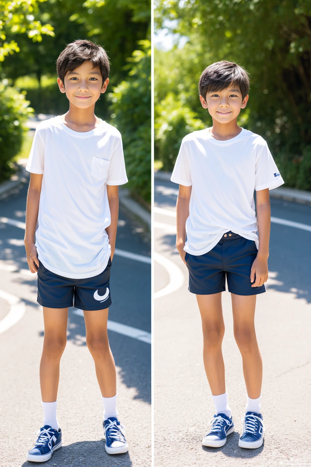 A tanned -yeld Jaese boy modeling for a full-body photo shoot in shorts during summer vacation
