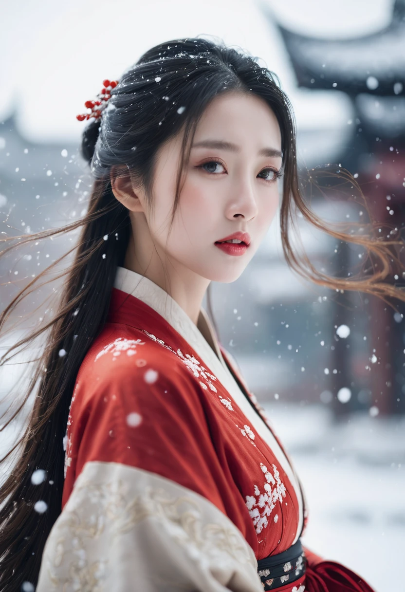 cinematic photo ,Best quality , (masterpiece:1.2) , cinematic photo,1girl,A beautiful girl in red hanfu, Standing in the wind andsnow, long hair blown by the wind,snow in the sky , upperbody,snowing,snowy day,in winter ,motion blur ,(sad:1.1),(crying:1.1),close-up,(tears:1.1),(face focus:1.1),(close mouth:1.1),front view ,35mm photograph, film, bokeh, professional, 4k, highly detailed,helgirls