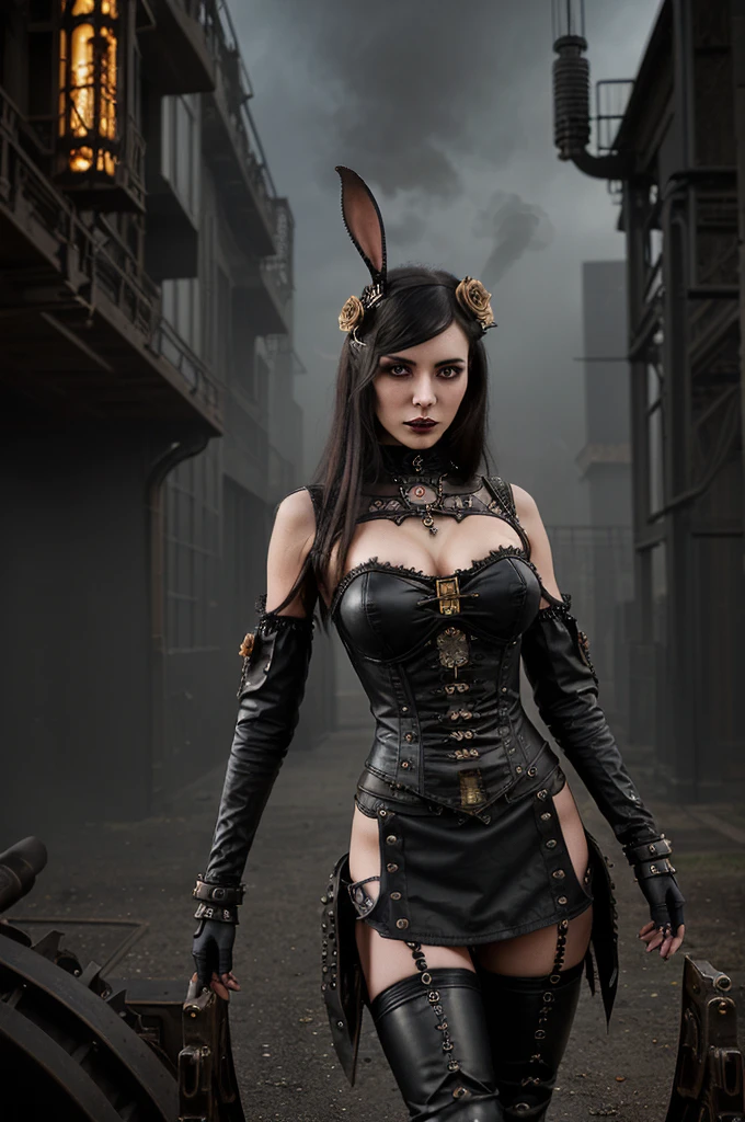 Picture a gothic steampunk beauty with delicate bunny ears peeking through her tousled hair. She stands confidently in thigh-high leather boots adorned with intricate roses and brass gears. Her attire is a blend of Victorian elegance and industrial edge, featuring dark fabrics and metal accents that catch the light. Behind her, the steampunk city fades into the mist, its skyline a silhouette of gears and steam pipes against a twilight sky. The overall atmosphere is one of dark fantasy, where every detail is rendered with hyperrealistic precision, inviting you to step into this captivating world
