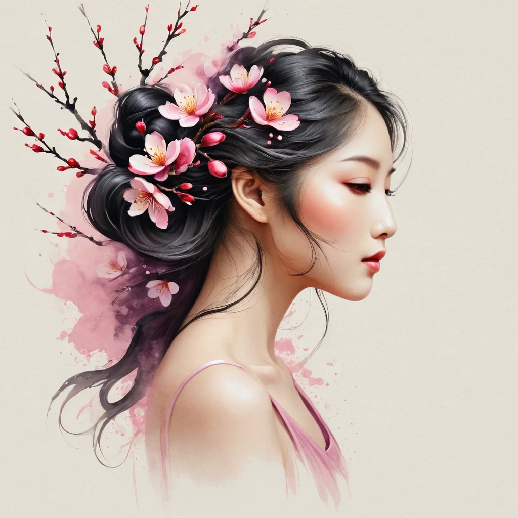 Modern minimalist art，（Close-up of a woman with a plum blossom tattoo on her neck）,This woman has a pretty face，Black long hair，（Neck tattoo of plum blossom：1.3），Flowing hair illustration，Fair face， slim, beautiful eyes， Elegant digital art, Beautiful digital illustrations, Beautiful character painting,
