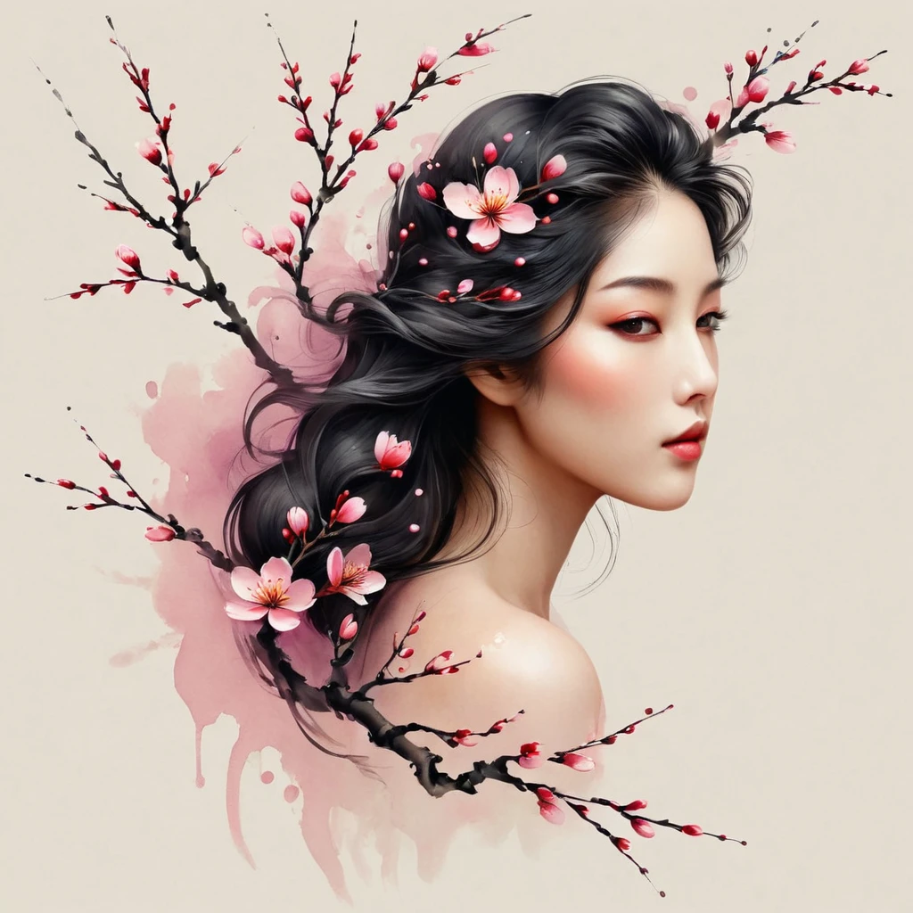 Modern minimalist art，（Close-up of a woman with a plum blossom tattoo on her neck）,This woman has a pretty face，Black long hair，（Neck tattoo of plum blossom：1.3），Flowing hair illustration，Fair face， slim, beautiful eyes， Elegant digital art, Beautiful digital illustrations, Beautiful character painting,
