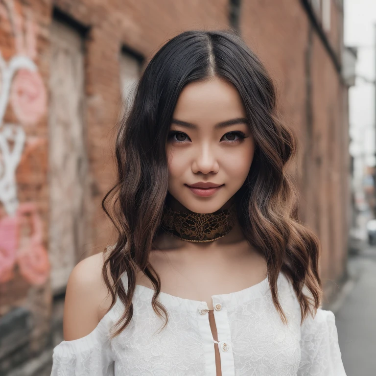 ultra realistic 8k cg, masterpiece, ((ultra detailed background, delicate pattern, intricate detail)), best quality, intricate details, chromatic aberration, 1girl, long hair, golden hair, messy hair, red highlights, hair over one eye, sharp eyes, choker, brick wall, graffiti, dim lighting, alley, oversized shirt,off shoulder, see through white shirt, Masterpiece, best quality
