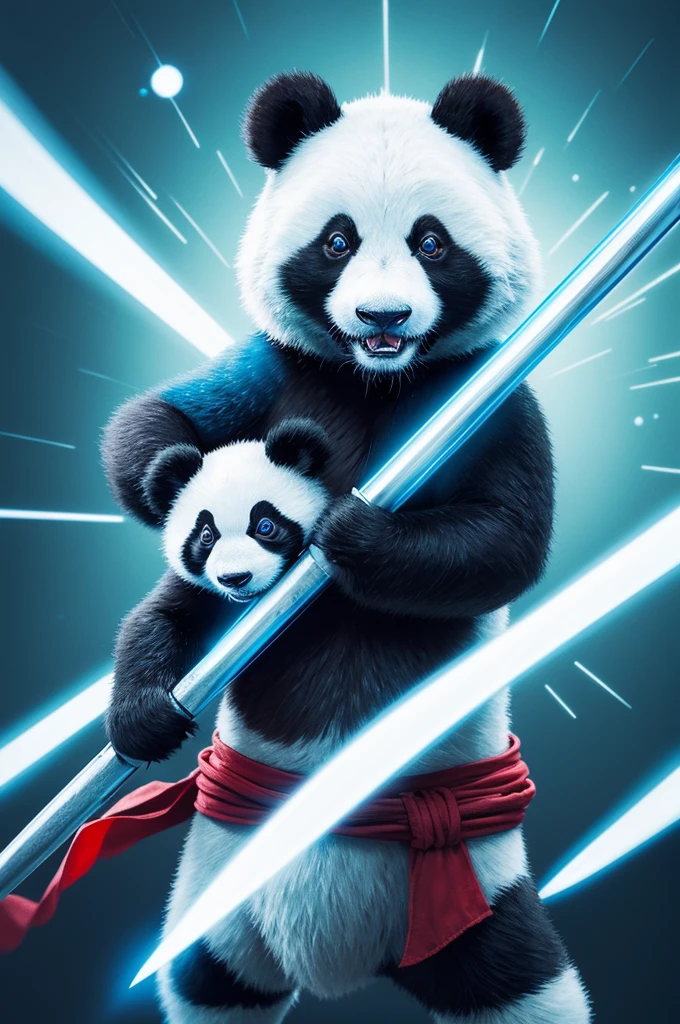 Warrior panda with two swords in hands, a sword in your hand. Fundo escuro com estrelas.
Espadas com eletricidade, azul e vermelha.
Olhos do panda vermelho