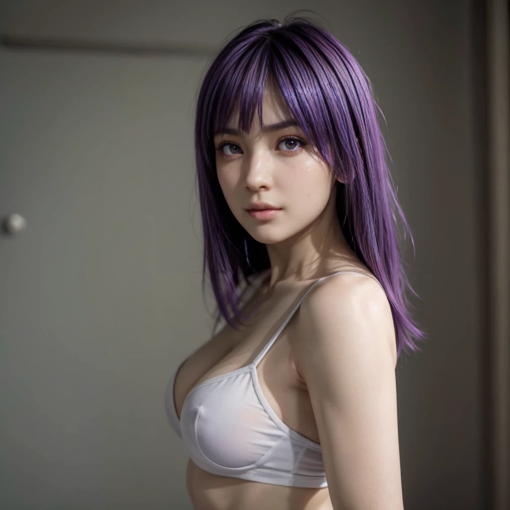 Ayane, cabelo roxo, (melhor qualidade, ultra-detalhado), (realista:1.37), rosto lindo e detalhado, ultra-realista texture, rosto delicado, corpo delicado, batom vermelho, cores brilhantes. High definition, 8K, pernas bem definidas