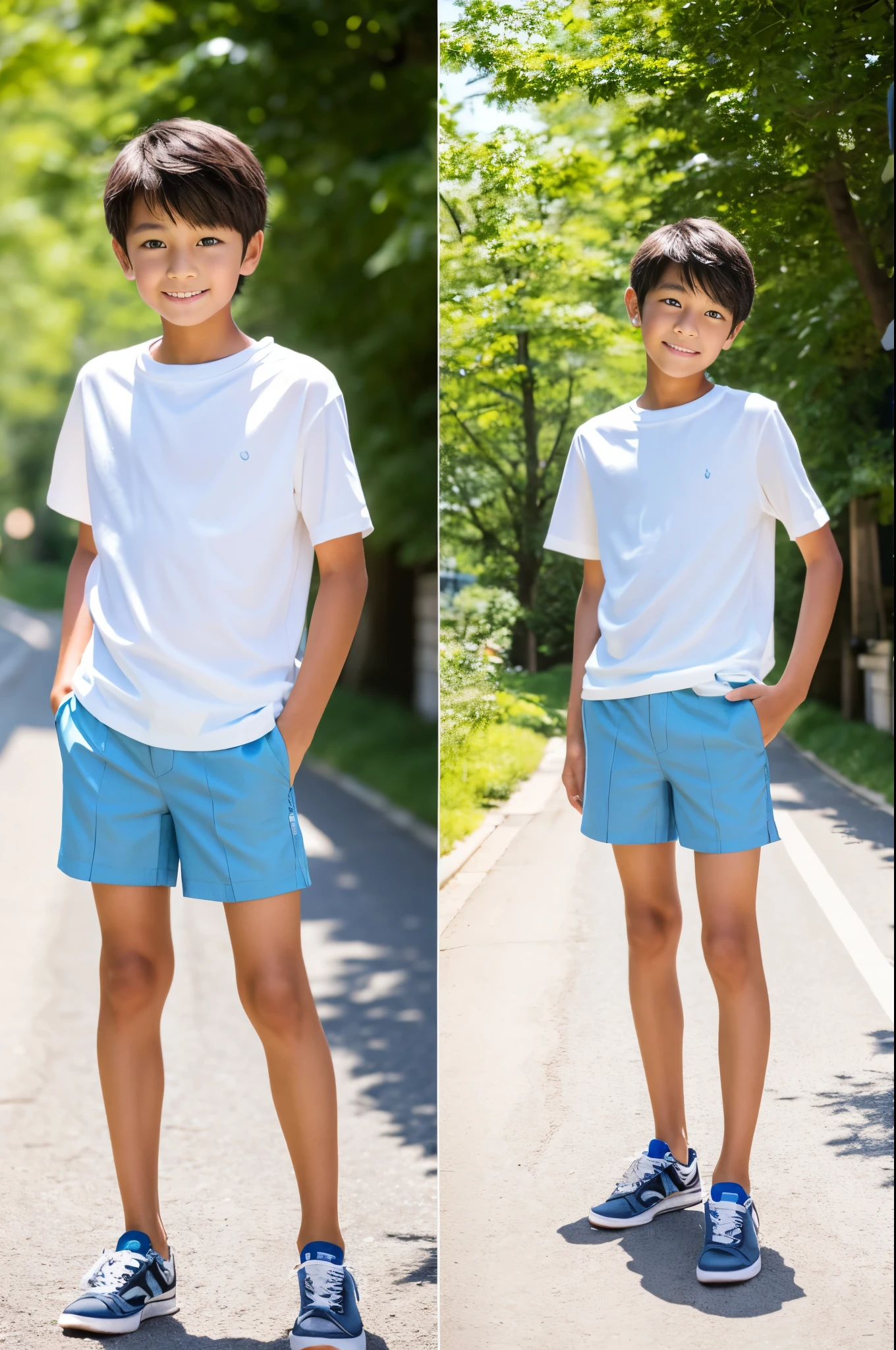 A tanned -yeld Jaese boy modeling for a full-body photo shoot in shorts during summer vacation
