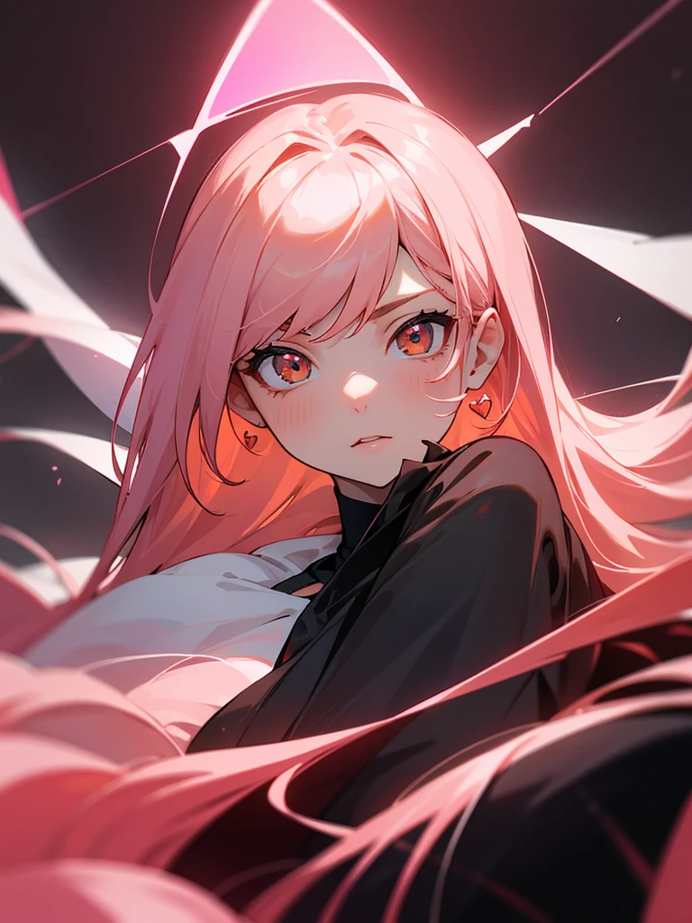 a 26 years old reddish pink haired woman with light pink and light yellow in the tip highlights in the hair, light orange soft eyes but almost light pink, she has a little heart on her right cheek, and her hair is long, with black clothing and a serious expression, she has bangs, and the hair highlights are more noticible