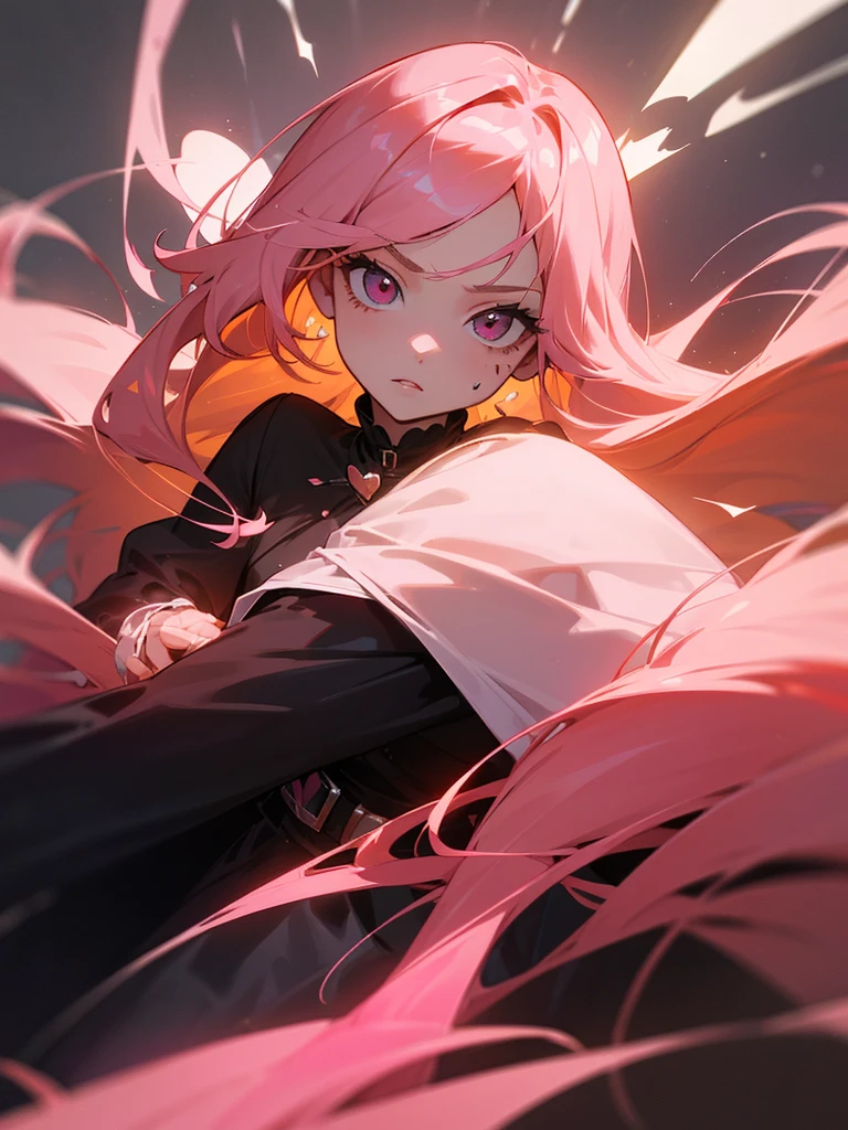 a 26 years old reddish pink haired woman with light pink and light yellow in the tip highlights in the hair, light orange soft eyes but almost light pink, she has a little heart on her right cheek, and her hair is long, with black clothing and a serious expression, she has bangs, and the hair highlights are more noticible
