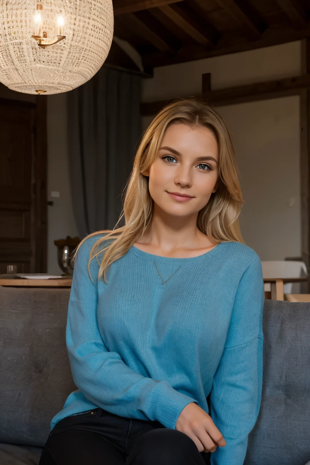 1 Frau, amerikanisch, Nice, blaue Augen, honigfarbenes Haar,((upper body, Happy)), big , Dreharbeiten zuhause auf der couch, Nice lighting, front Ansicht, Meisterwerk, best quality, ultra detailliert, One, Forecourt, (Nacht), Berge, Natur, (Stern, Mond) Heiter, Happy,, , zuhause, ,, Kontrast, klarer Himmel, analoger Stil (Ich schaue den Betrachter an:1.2) (Hauttextur) (The granularity:1.3), (warm shade, warmer Ton:1.2), Nahaufnahme, filmisches Licht, seitliche Beleuchtung, Ultra high resolution, Die besten Schatten, ..Roh, upper body, einen Pullover anziehen, Entspannte und intime Fotos, blondes Haar,