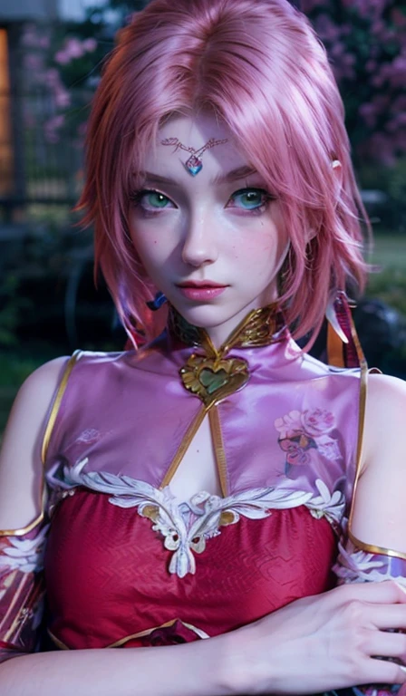 young woman, short shoulder-length pink hair, wide forehead, porcelain skin, pink eyebrows, big emerald green eyes, buttoned nose, full lips, heart-shaped face, slender body, small breasts, red tank top, Sakura Haruno , realistic, realism, details, 3d, well detailed
