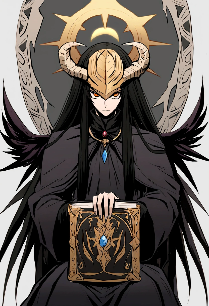 Obra de arte:1.2, melhor qualidade, ultra detalhado, macho, focado, celestial demon wizard, Jovem, serious, frio, horns on her head and a shining golden halo behind her symbolizing her celestial and demonic duality, two large black wings that combine bright plumes with a dark and threatening appearance, cabelo negro, estilo de kentaro miura, fantasia, SCI-FI, fundo claro, a painting of a man in a black robe sitting in a wheelchair, holding an open ancient magical book, Vista-o com vestes escuras e majestosas com detalhes dourados, cabelo negro, cabelos escuros, anjo demoniaco, plumas negras, inspired por Edmundo Blampied, inspired por Nicola Samori, inspirado em Pietro Longhi, por Nicola Samori, por Edmundo Blampied, Direction: Stephen Gammell, Estilo Stephen Gammell, figura sinistra ao fundo, Direction: Leonaert Bramer, Direction: Johann Kaspar Füssli .