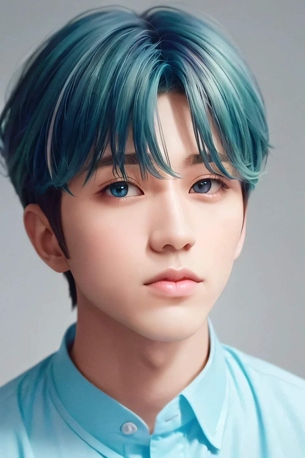 １male、Highest quality、masterpiece、8k、Dog ears、Realistic Skin、(head shot:1.23)、(Gradient Hair:1.5)、Aqua green and white shirt、Realistic Skin Texture、