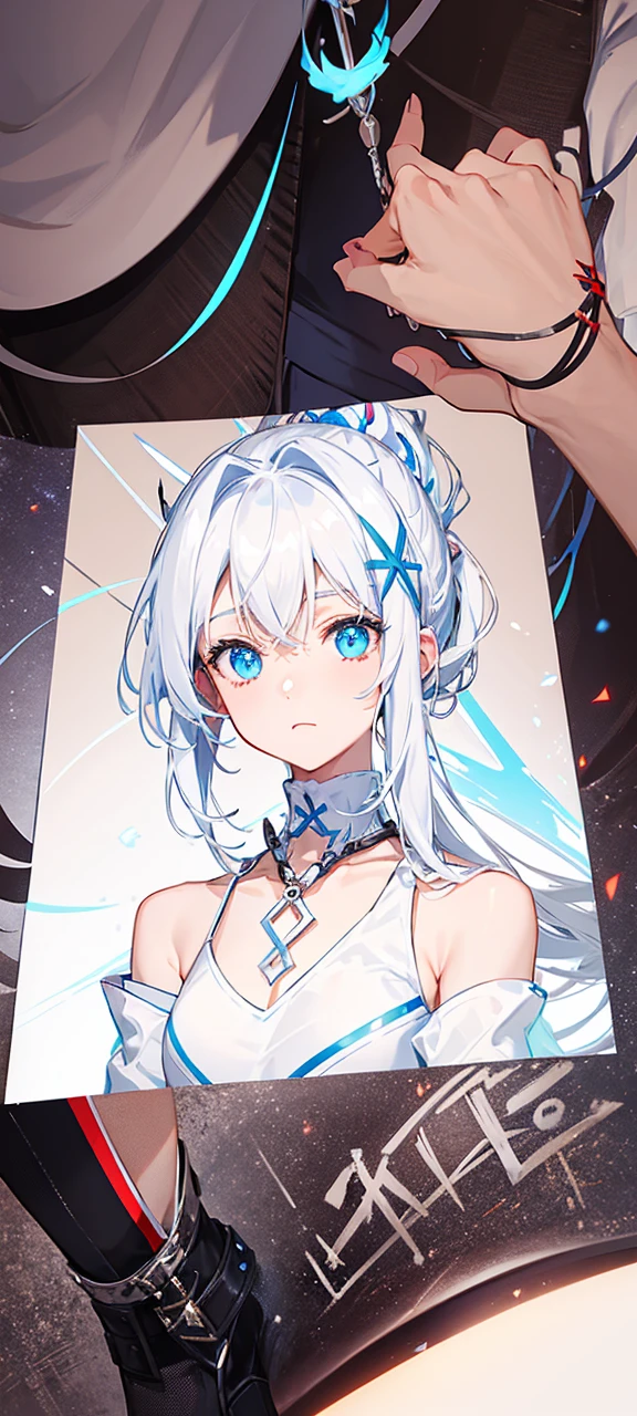 Female. White spiky hair in a low ponytail with blue fading at the end. A white T-shirt with a white X over it and blue fire pattern at the bottom, a black T-shirt below it going up the neck. A belt with an X pattern on it and short jeans with blue fire pattern at the bottom corners. Black boots with a white chain at the tops and a red X at the front. A white horn coming from the right side of the forehead with a small blue flame at the end and a white halo above her head with an X at the front, an X at the back and an X on each end of the halo.