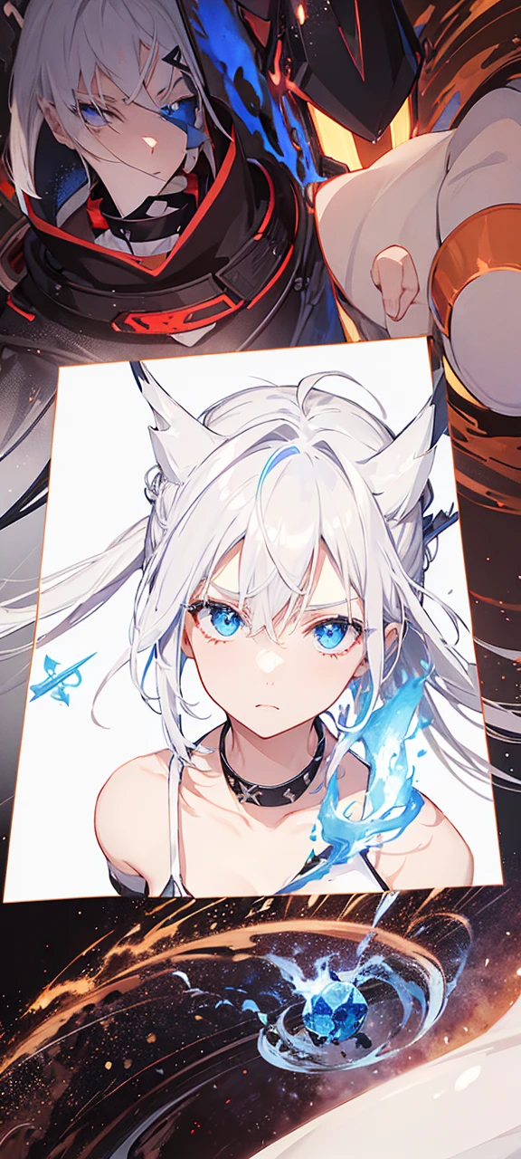 Female. White spiky hair in a low ponytail with blue fading at the end. A white T-shirt with a white X over it and blue fire pattern at the bottom, a black T-shirt below it going up the neck. A belt with an X pattern on it and short jeans with blue fire pattern at the bottom corners. Black boots with a white chain at the tops and a red X at the front. A white horn coming from the right side of the forehead with a small blue flame at the end and a white halo above her head with an X at the front, an X at the back and an X on each end of the halo.